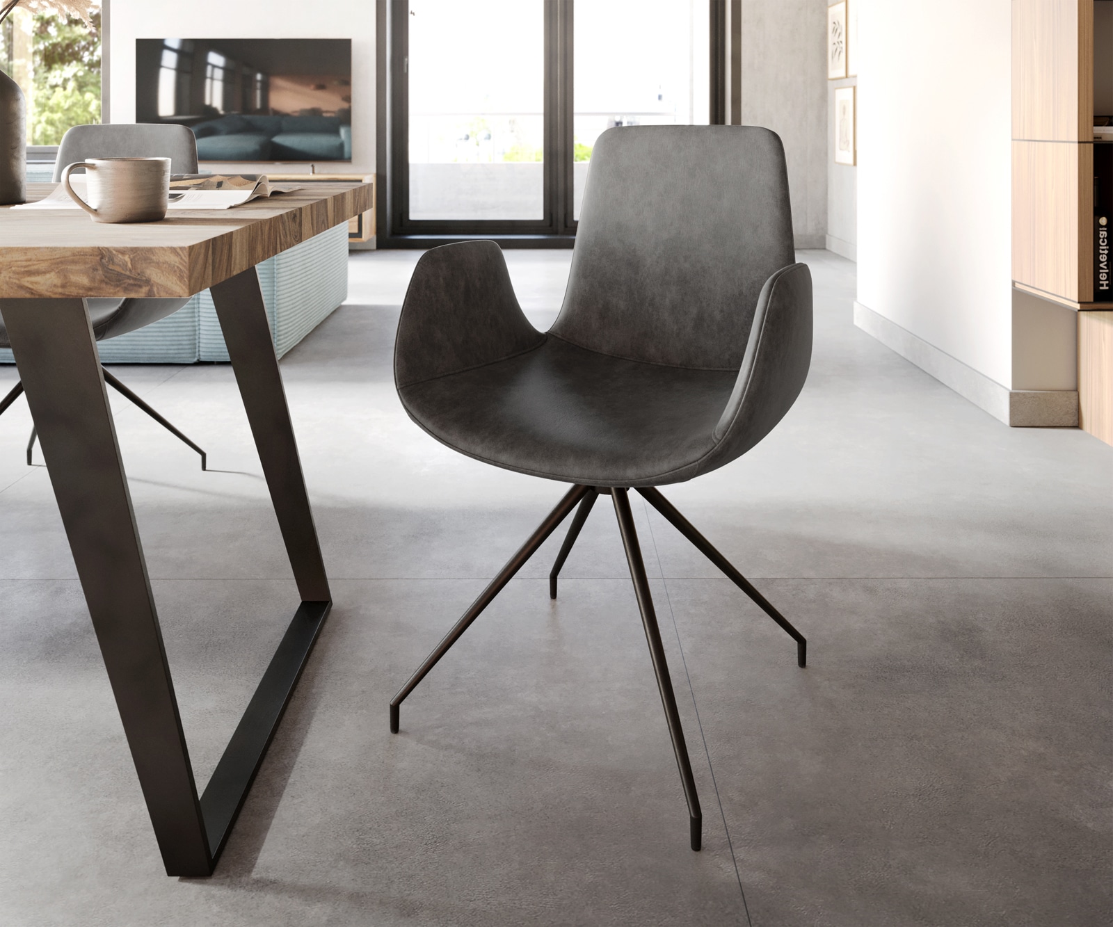 Eetkamerstoel Ilia-Flex met armleuning microvelours antraciet vintage kruisframe conisch zwart Eetkamerstoel Ilia-Flex met armleuning microvelours antraciet vintage kruisframe conisch zwart