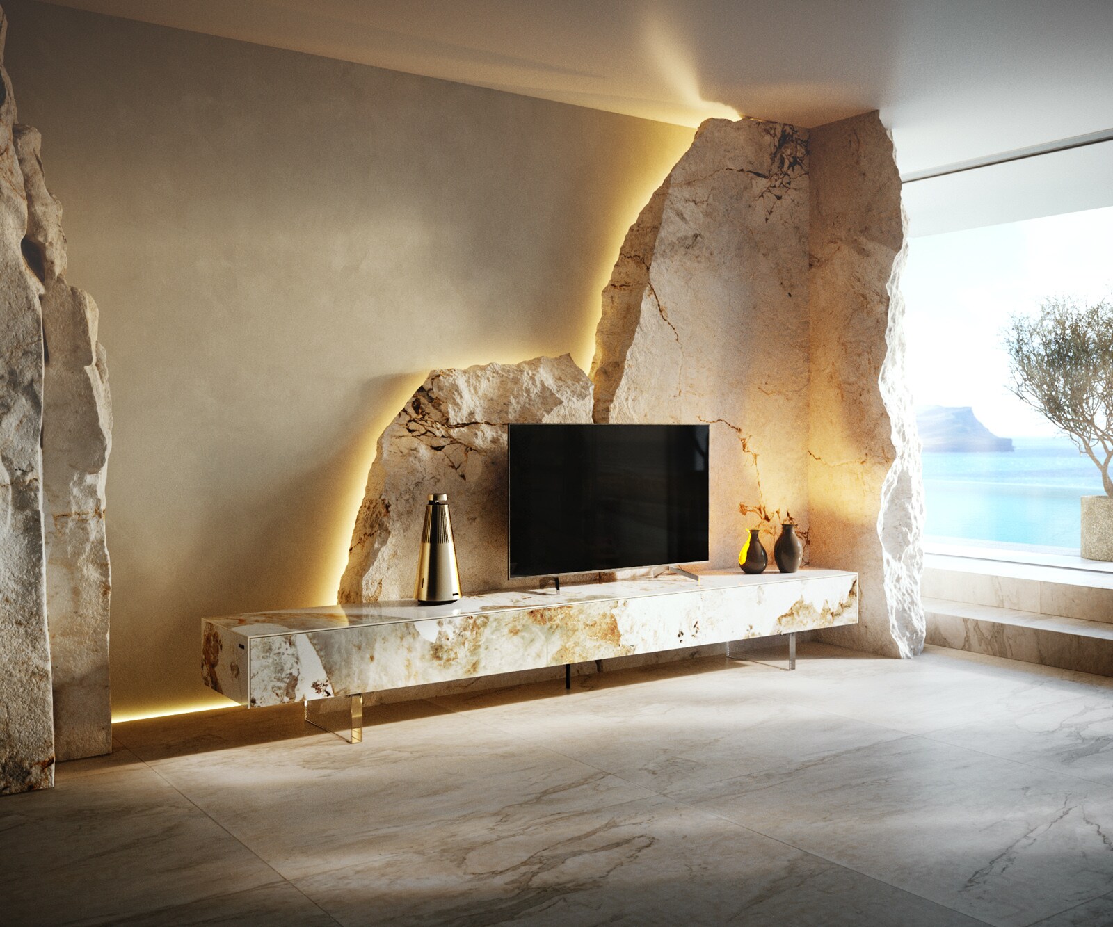 Tv-meubel Cuor 250 cm Keramiek Minas Melange Wit-beige 1 Flap 1 Lade Zwevende voet look Acrylglas 1