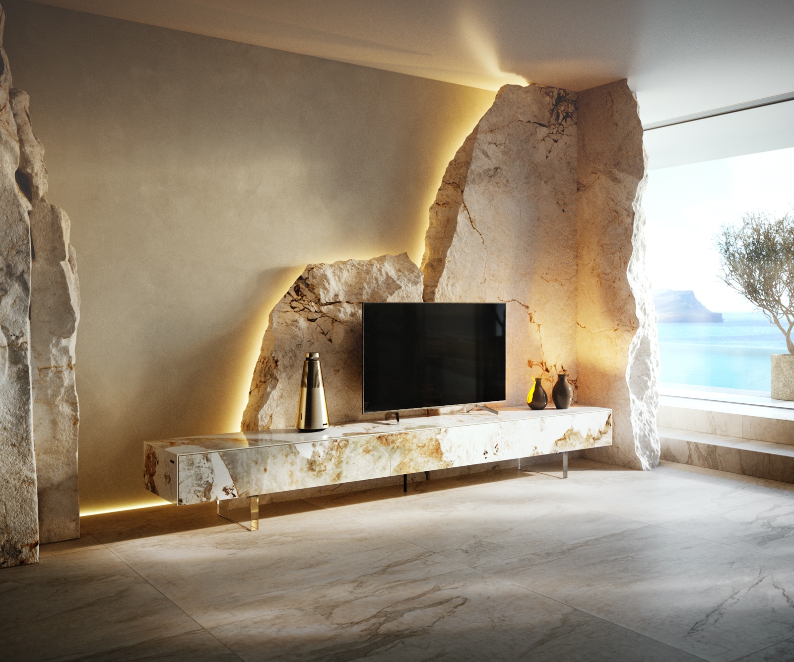 Tv-meubel Cuor 250 cm Keramiek Minas Melange Wit-beige 1 Flap 1 Lade Zwevende voet look Acrylglas 1 Tv-meubel Cuor 250 cm Keramiek Minas Melange Wit-beige 1 Flap 1 Lade Zwevende voet look Acrylglas 1
