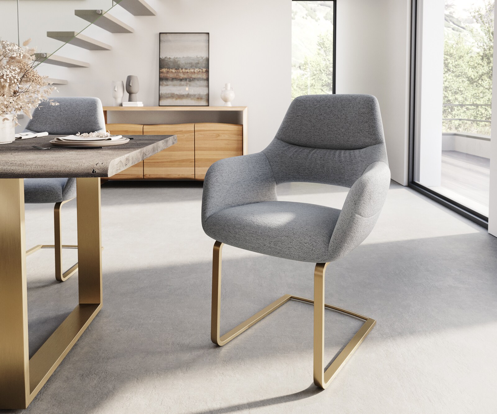 Sledemodel Yago-Flex met armleuning structuurstof lichtgrijs sledemodel vlak goud pocketveer kern