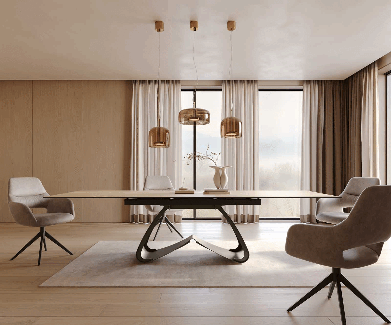 Eettafel Edge 200-300x100 Keramiek Laminam® Sabbia Eikenkleur W-vorm Effectafwerking Titanium Uitschuifbaar 2