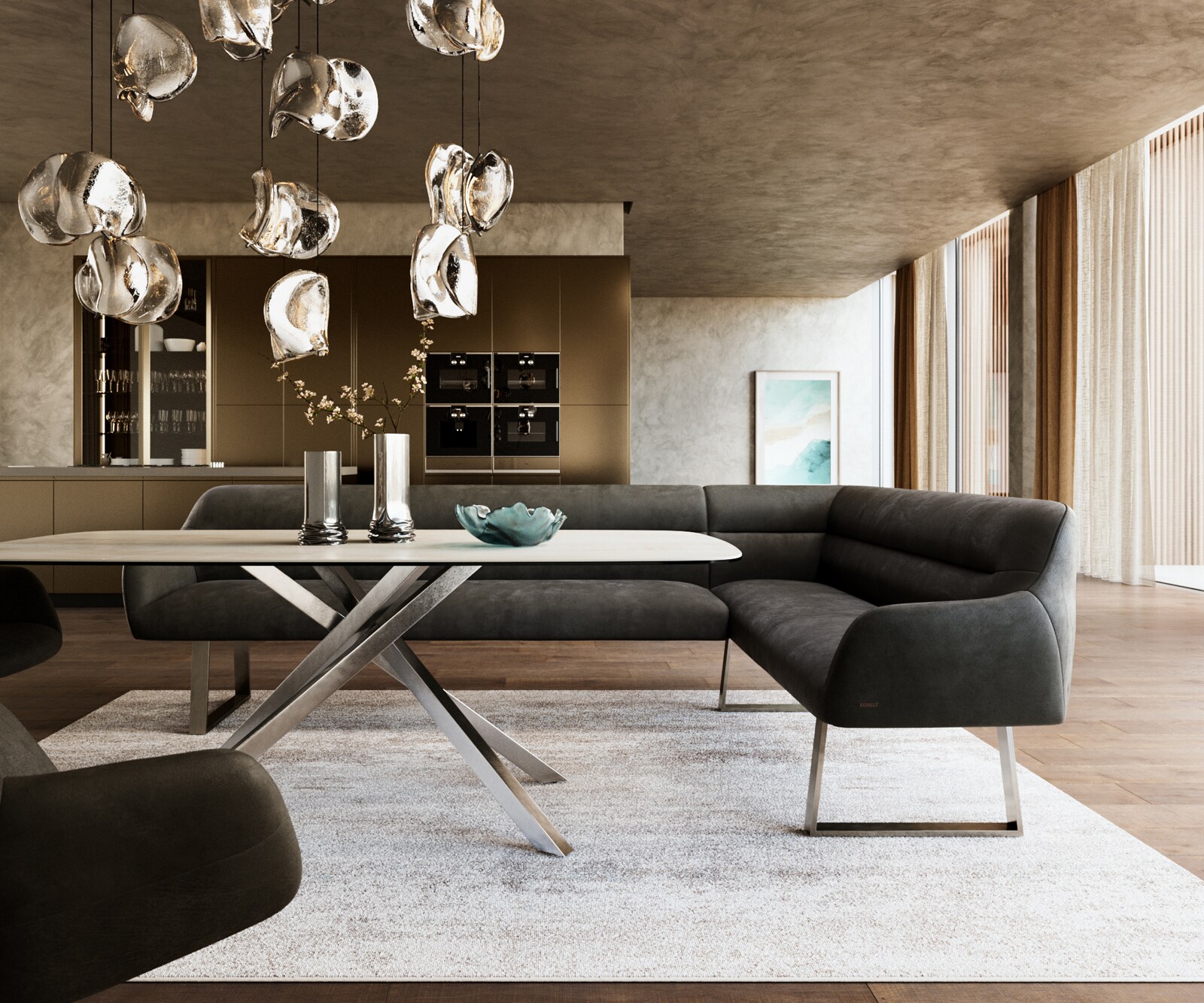 Eetkamerbank Taya-Flex 285x190 cm microvelours anthraciet vintage gekant sledeframe roestvrij staal pocketvering links 2