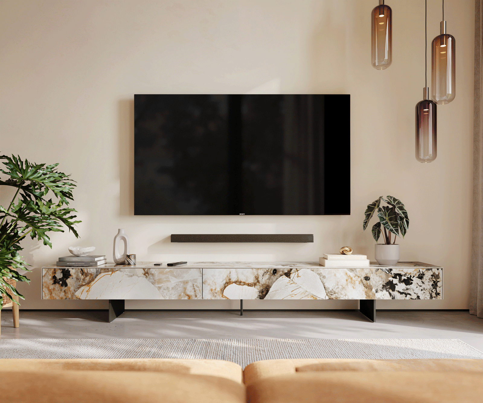 Tv-meubel Cuor 250 cm Keramiek Patagonia gepolijst 1 Flap 1 Laden Zwevende voet look Metaal Zwart 2
