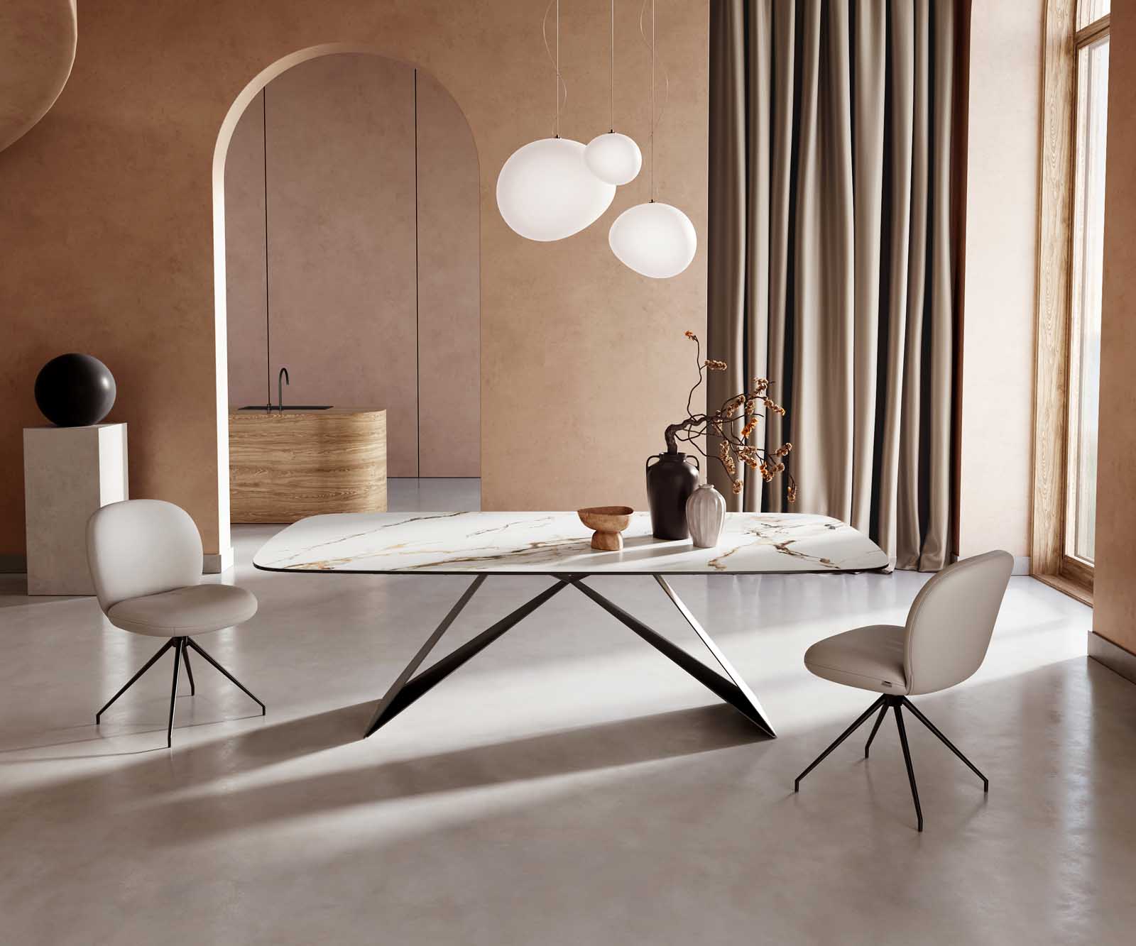 Eetkamertafel Edge Boot 240x120 keramiek Calacatta Luxe wit-goud-grijs V-frame vlak staal zwart