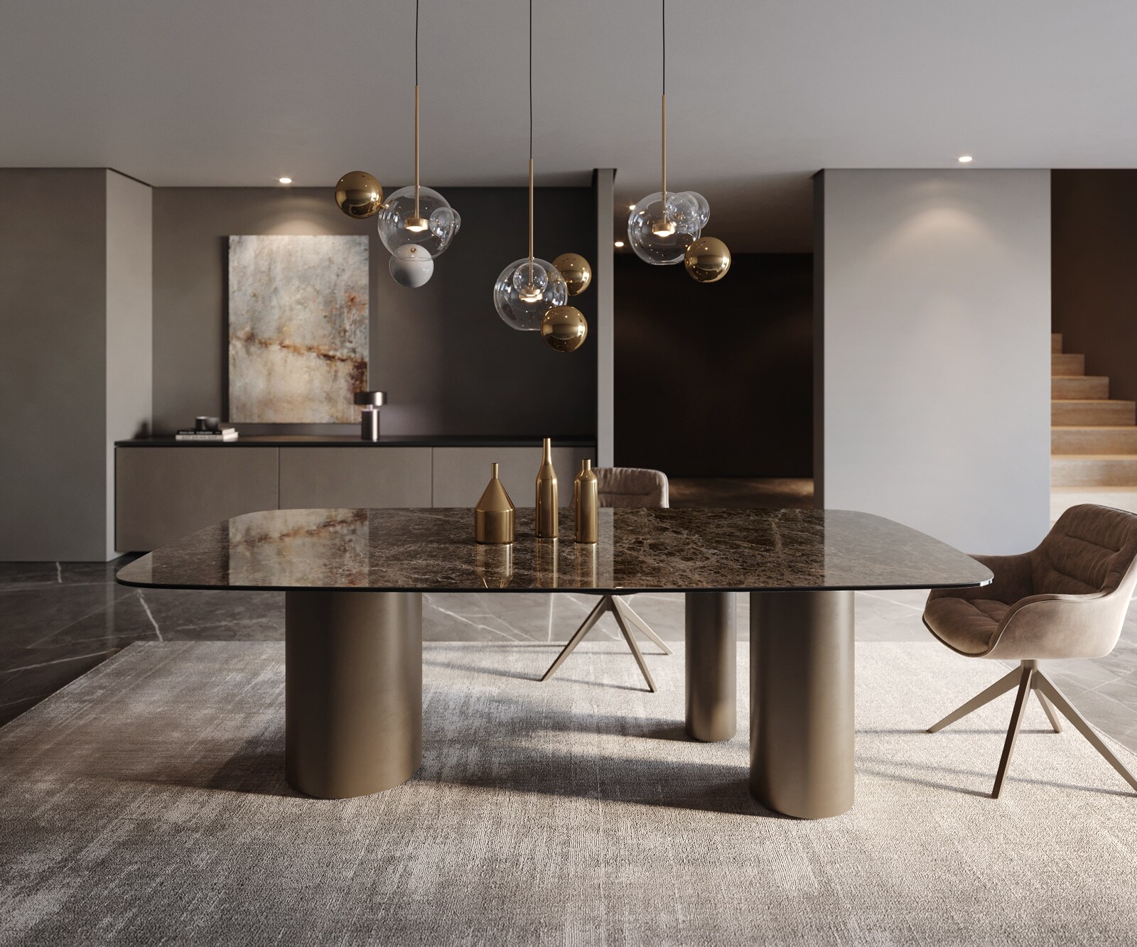 Eettafel Edge Boot Keramiek Emperador Extra Lucidato Donkerbruin 240x120 Troa Metaal effectafwerking Titanium 1