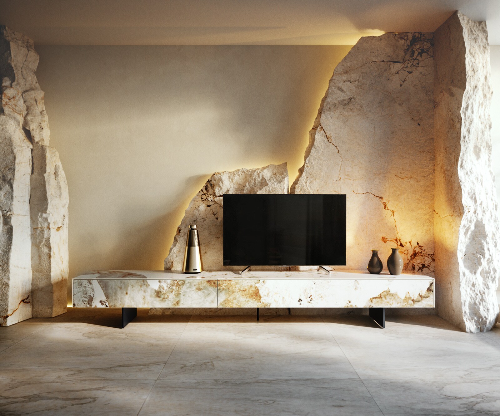 Tv-meubel Cuor 250 cm Keramiek Minas Melange Wit-beige 1 Flap 1 Lade Zwevende voet look Metaal Zwart