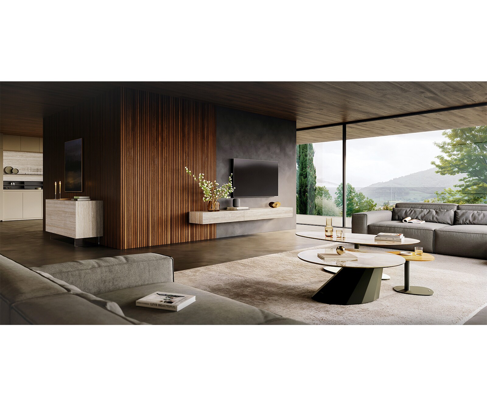 Tv-meubel Cuor 250 cm Keramiek Laminam® Travertino Bianco Crème-wit 1 Flap 1 Lade Zwevende voet look Roestvrij staal 7