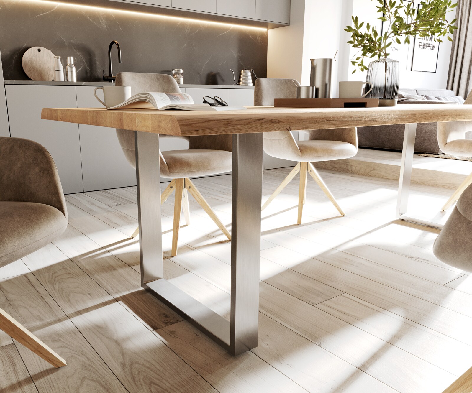 Eettafel Edge 260x100x2,5-3 eiken natuur roestvrijstaal smal Live-Edge 5