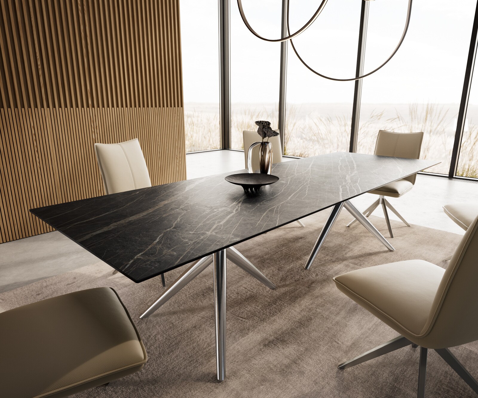 Eetkamertafel Edge 300x100 keramiek Laminam®Noir Desir bruin Estelar rond  roestvrij staal 6