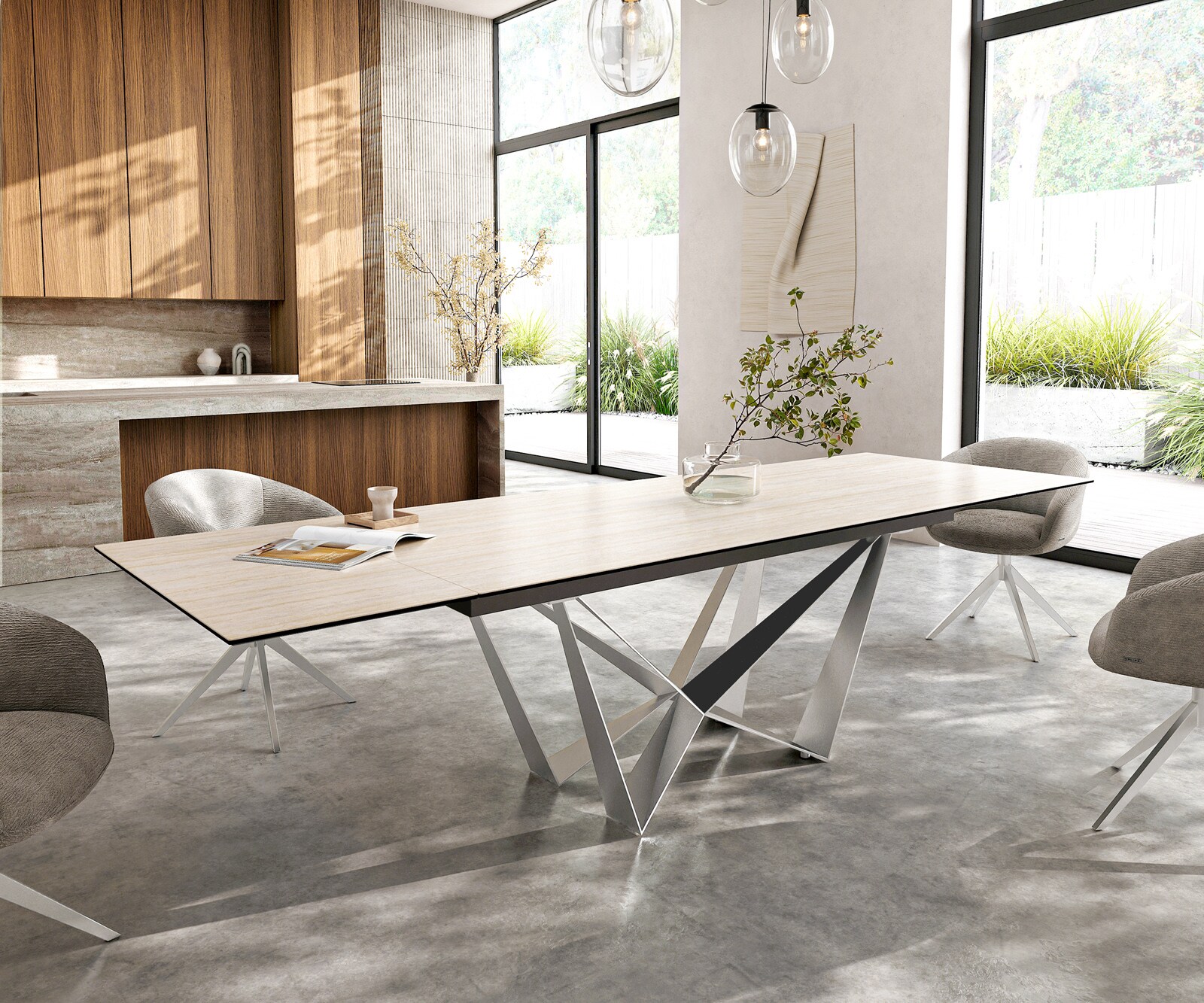 Eettafel Edge 200-300x100 keramiek  Laminam® Travertino Bianco Creme-wit Spider vlak staal RVS uitrekbaar