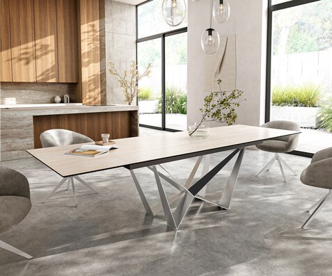 Eettafel Edge 200-300x100 keramiek  Laminam® Travertino Bianco Creme-wit Spider vlak staal RVS uitrekbaar
