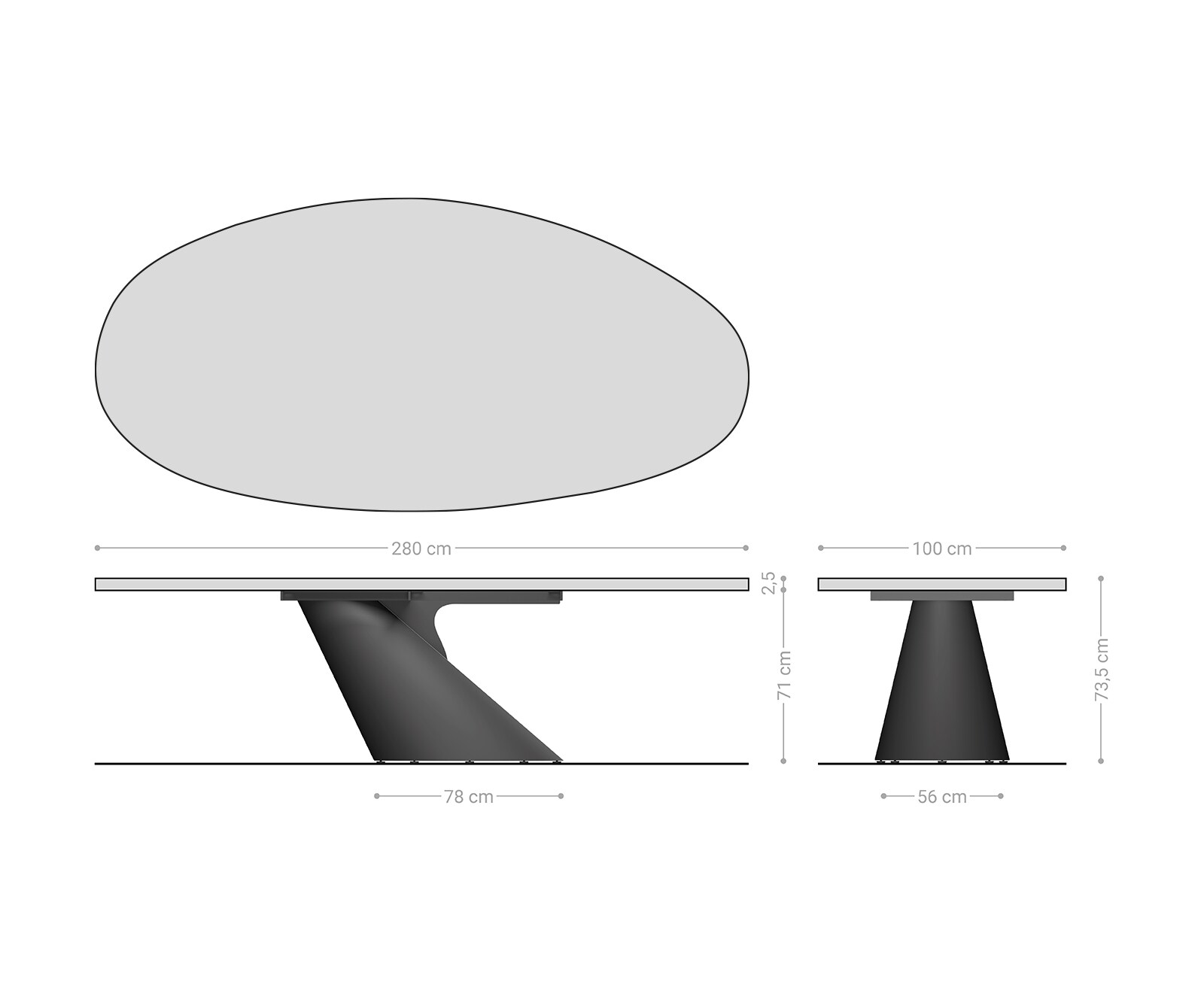 Eettafel Edge Oval 280x130 Reliefglas rookzwart 3D-Design Cono metaal zilver 8