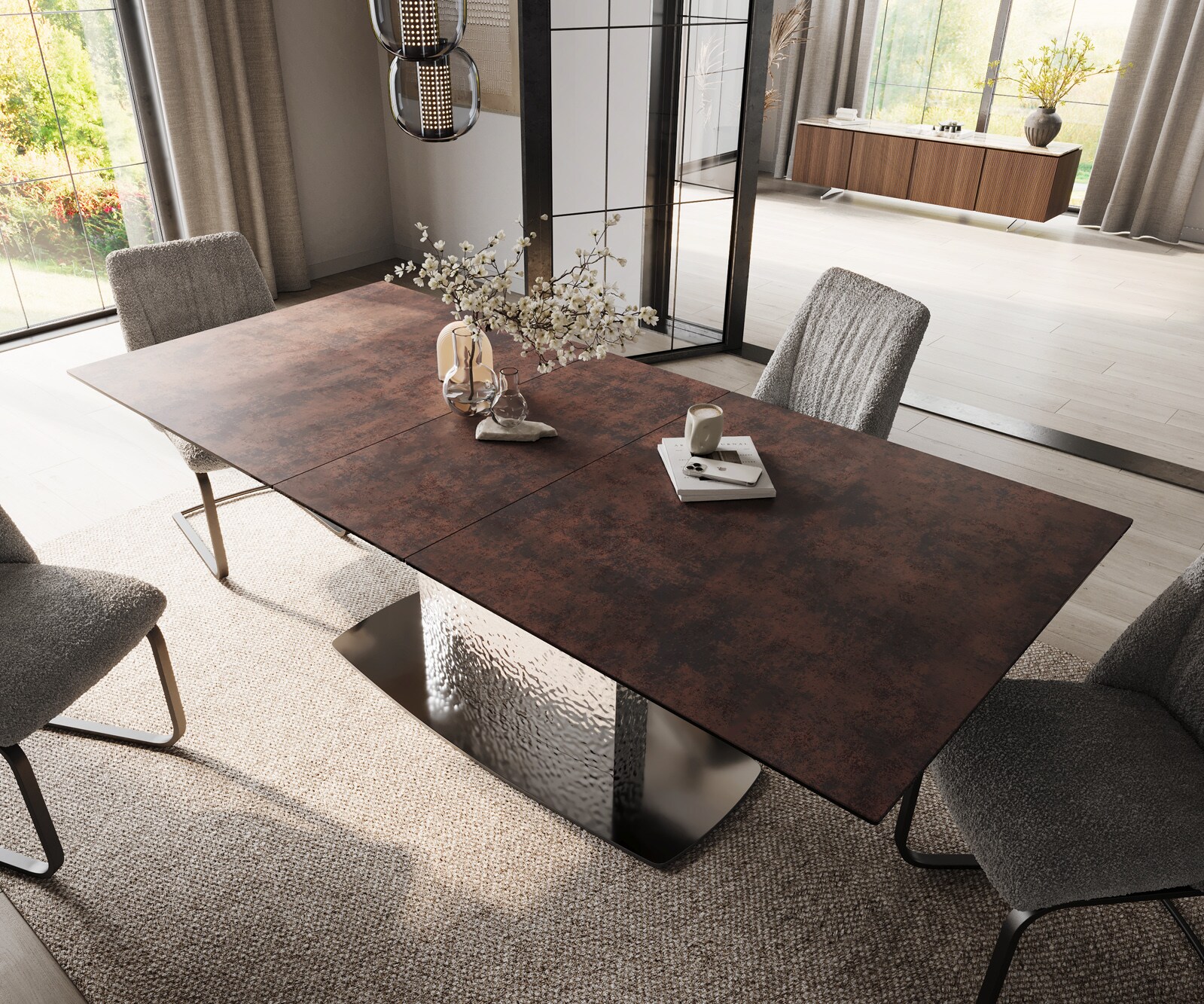 Eettafel Edge 180-220x90 glas antiek-bruin Wave roestvrij staal uitschuifbaar 4
