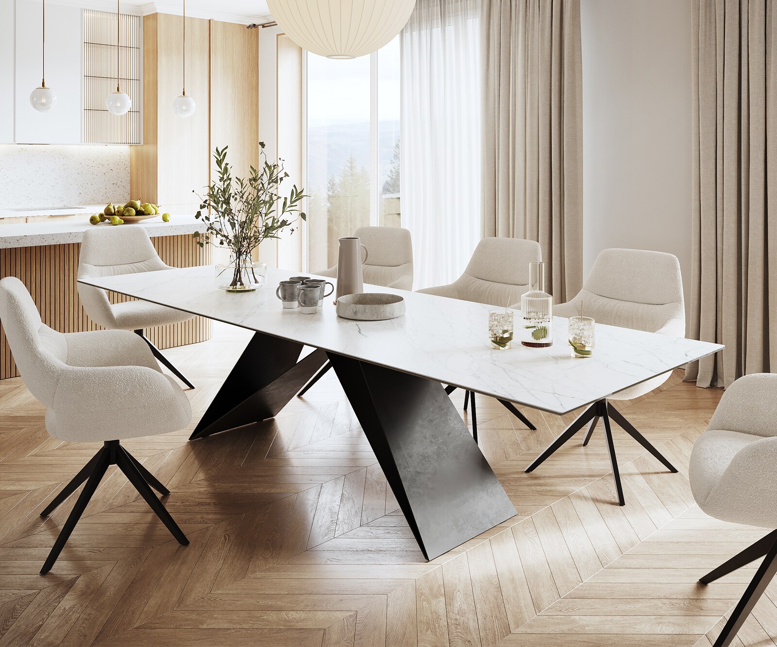Eettafel Edge 300x100cm Laminam® keramiek wit V-middenpoot zwart