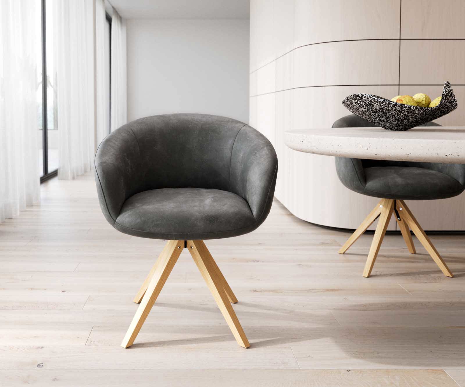 Draaistoel Vinka-Flex met armleuning microvelours antraciet vintage houten frame hoekig natuur 180° draaibaar pocketveer kern 1 Draaistoel Vinka-Flex met armleuning microvelours antraciet vintage houten frame hoekig natuur 180° draaibaar pocketveer kern 1