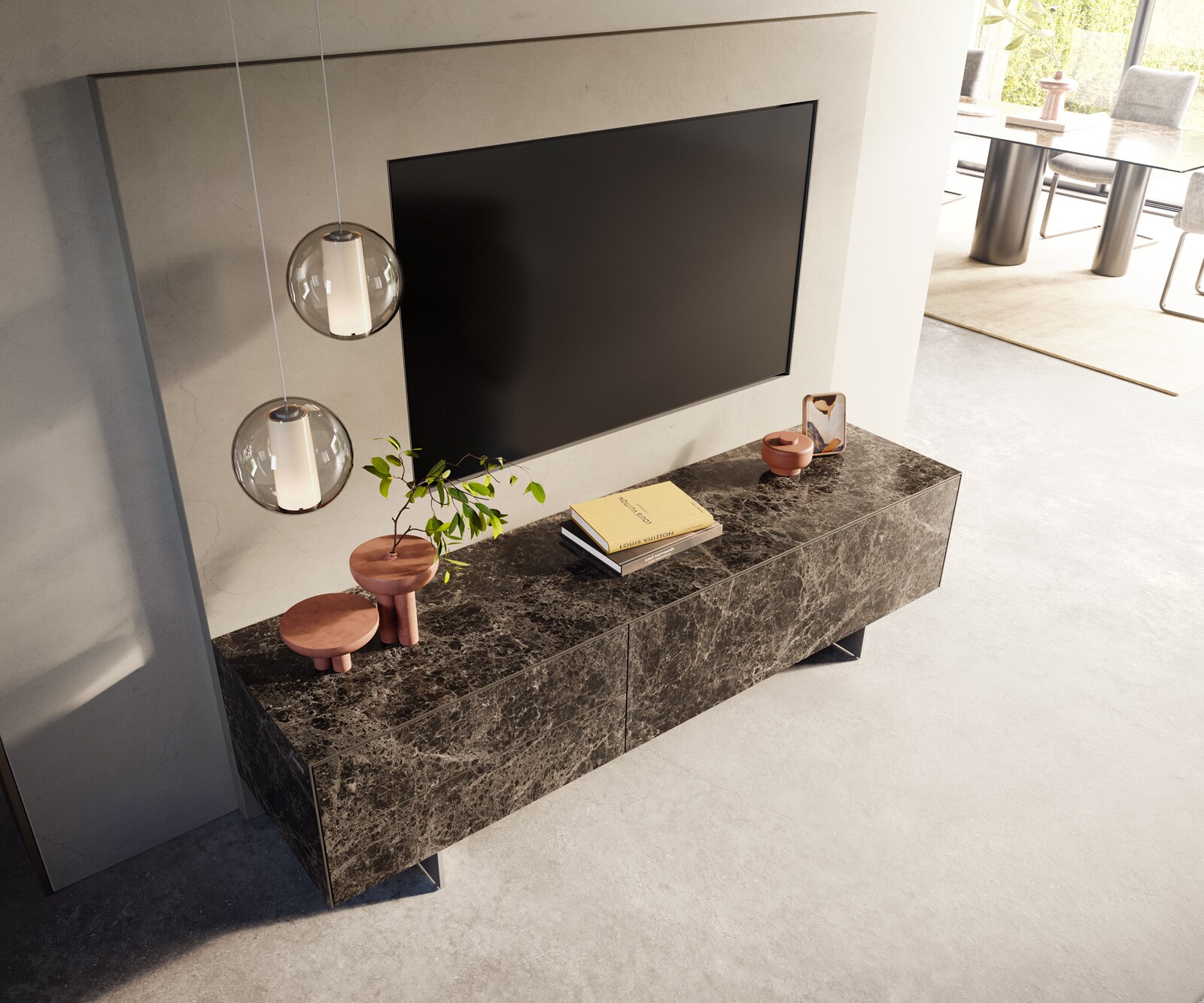 Tv-meubel Cuor 180 cm Keramiek Emperador Extra Lucidato Donkerbruin 1 Flap 2 Laden Zwevende voet look Roestvrij staal 4