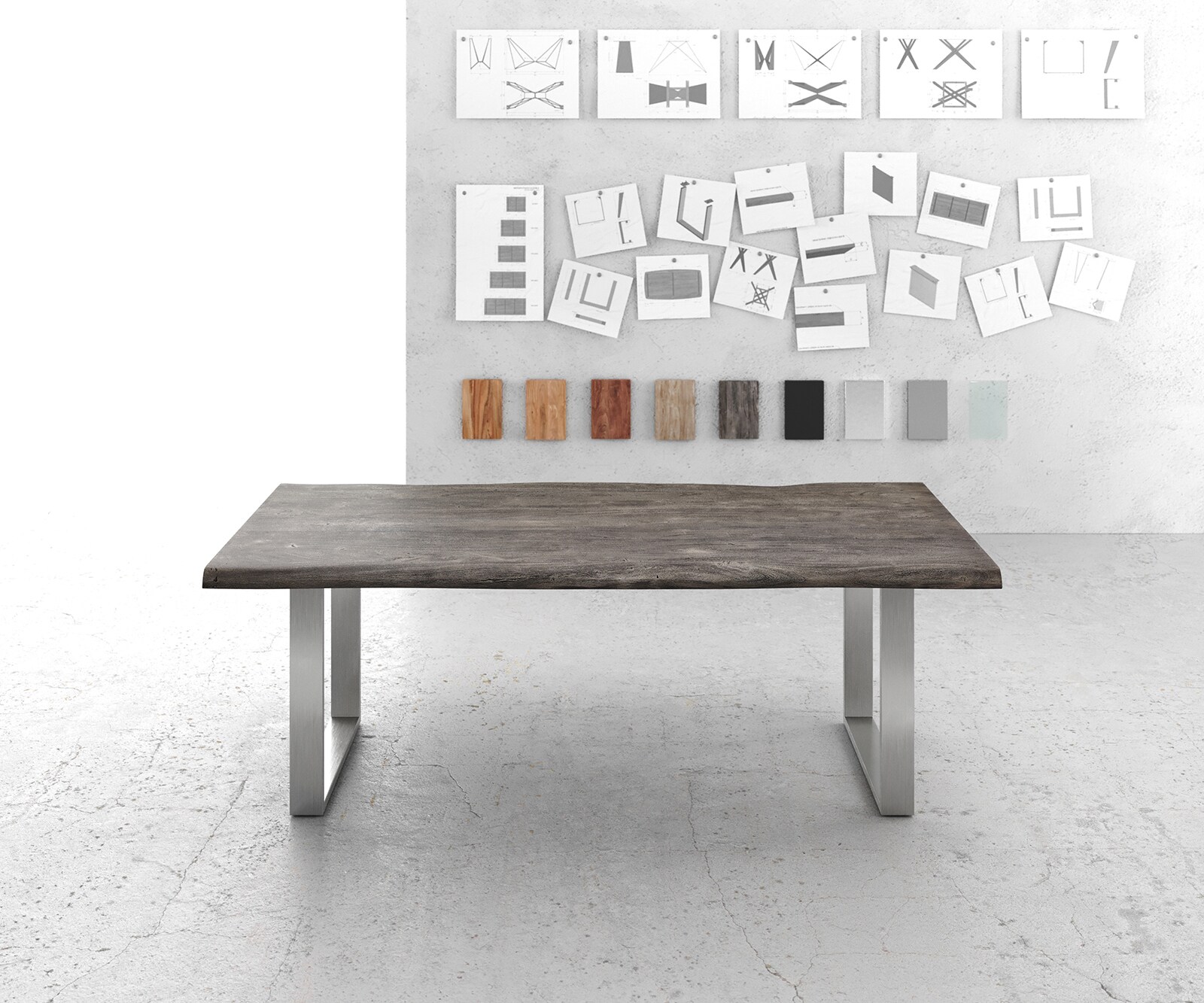 Eettafel Edge 220x100cm XL acacia platina roestvrijstaal smal Live-Edge 1