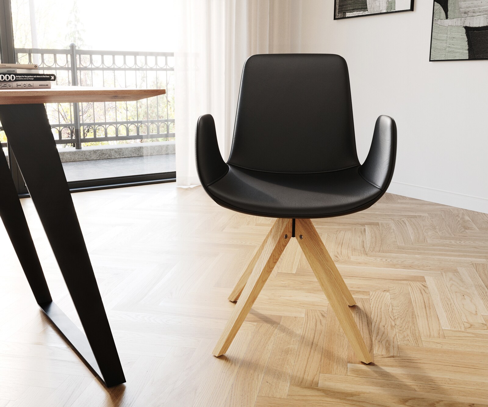 Eetkamerstoel Ilia-Flex met armleuning echt leer zwart houten frame hoekig natuur 1 Eetkamerstoel Ilia-Flex met armleuning echt leer zwart houten frame hoekig natuur 1