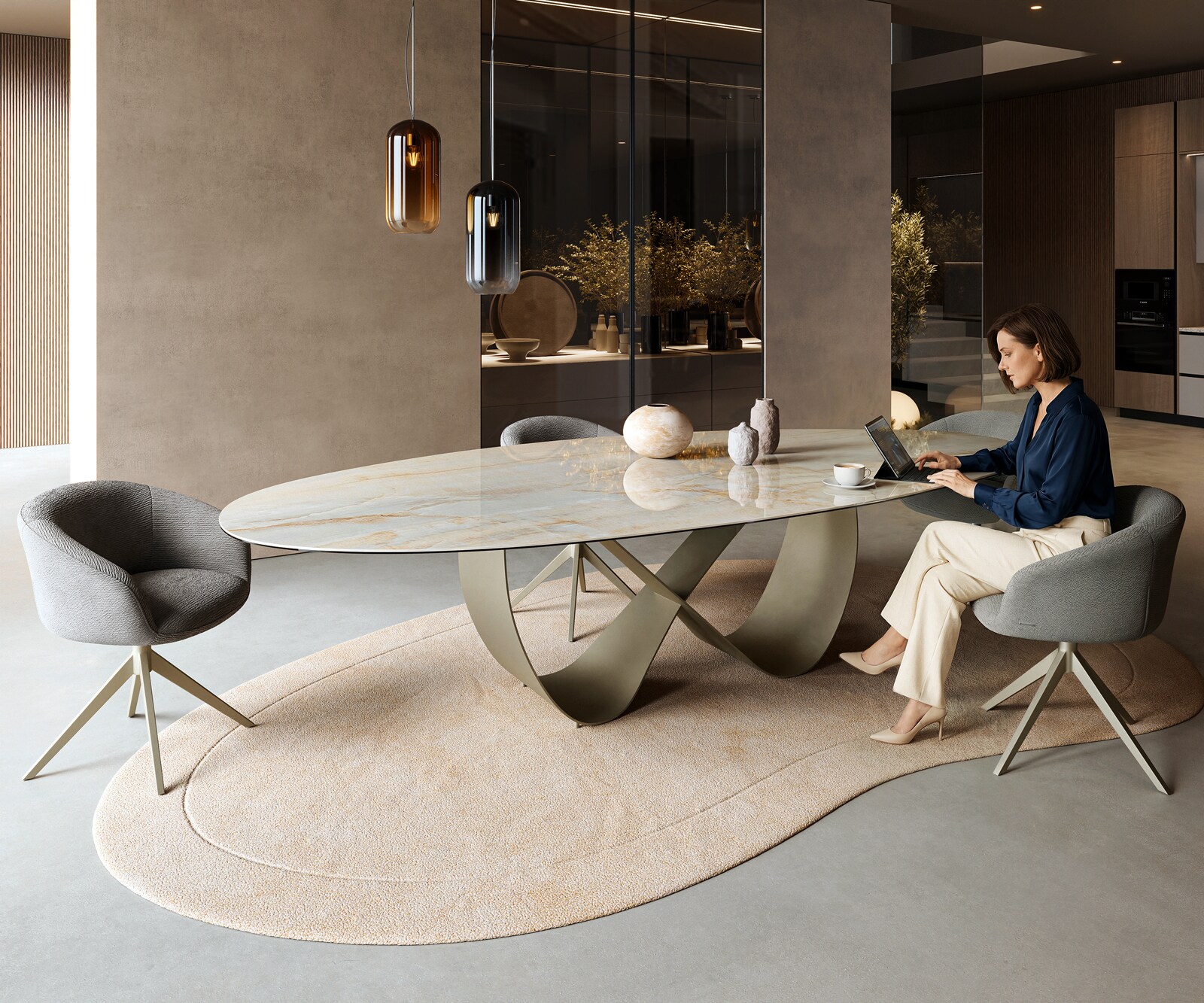 Eetkamertafel Edge Oval 315x150 cm Keramiek Iris FMG Onice Oro Infinity Metaal Effectafwerking Titan 7