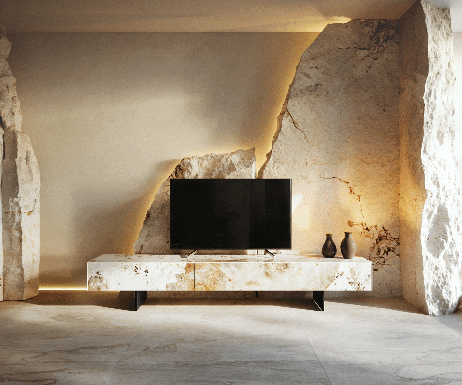 Tv-meubel Cuor 200 cm Keramiek Minas Melange Wit-beige 1 Flap 1 Lade Zwevende voet look Metaal Zwart 5