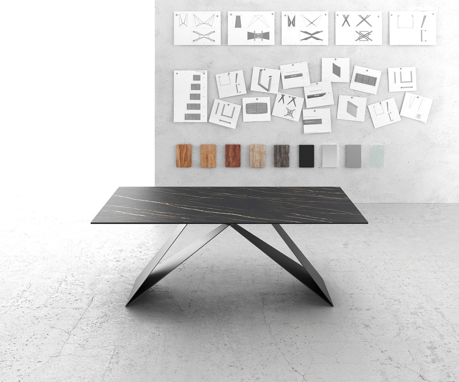 Eettafel Edge 200x100cm Laminam® keramiek bruin V-middenpoot zwart 1
