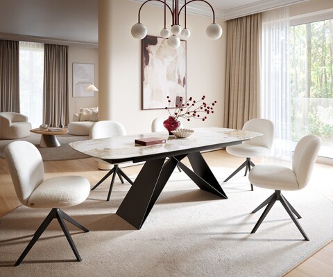 Eettafel Edge Boot 180-220x100 cm Keramiek Minas Melange Wit-Beige V-onderstel Flachstahl Zwart uitschuifbaar