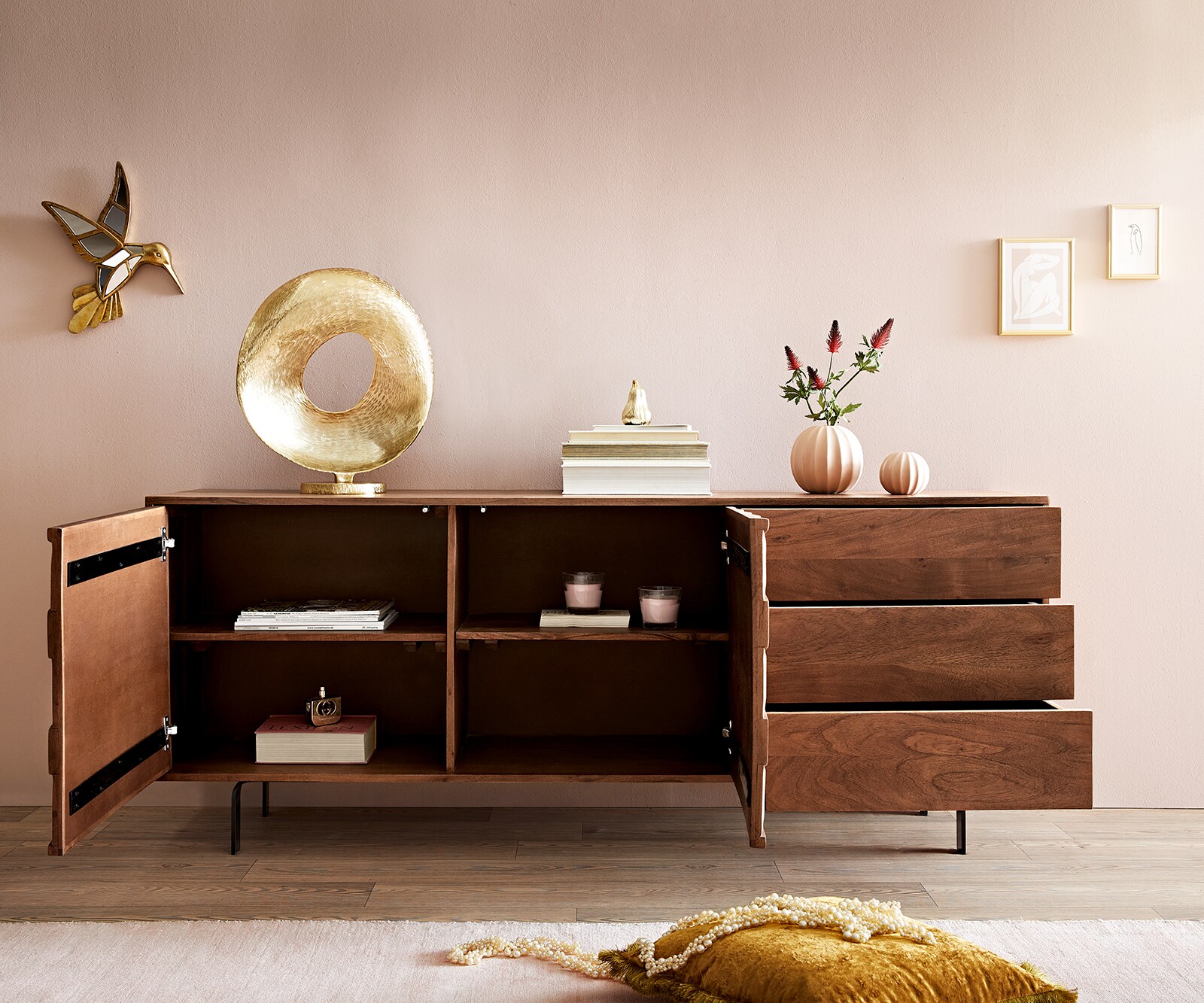 Dressoir Fevo 175 cm Acacia bruin 2 deuren 3 schuifladen L-poot 3