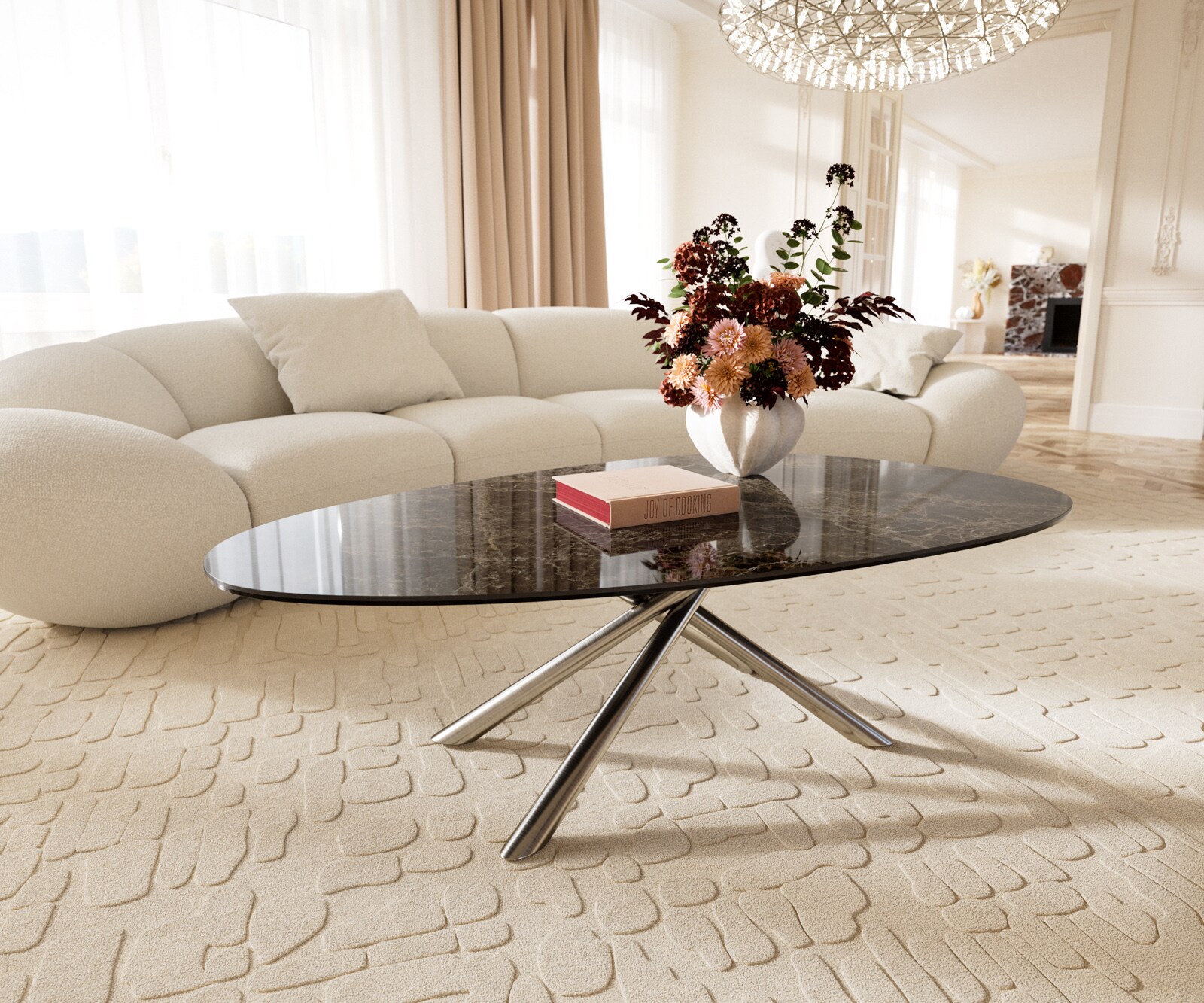 Salontafel Edge Oval 140x75 cm keramiek Laminam® Emperador Extra Lucidato donkerbruin Sarity geborsteld roestvrij staal