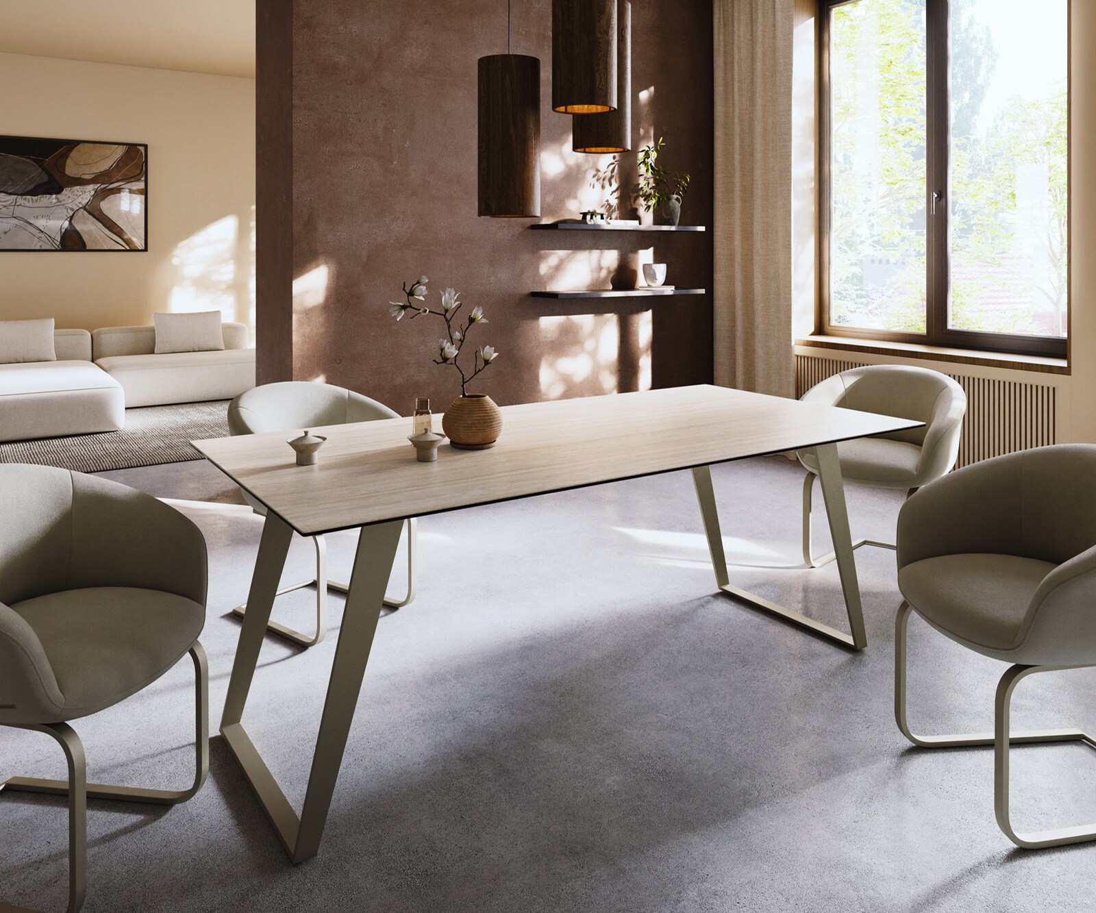 Eettafel Edge 200x100 keramiek  Laminam® Travertino Bianco Creme-wit metaal schuin effectafwerking Titan 2