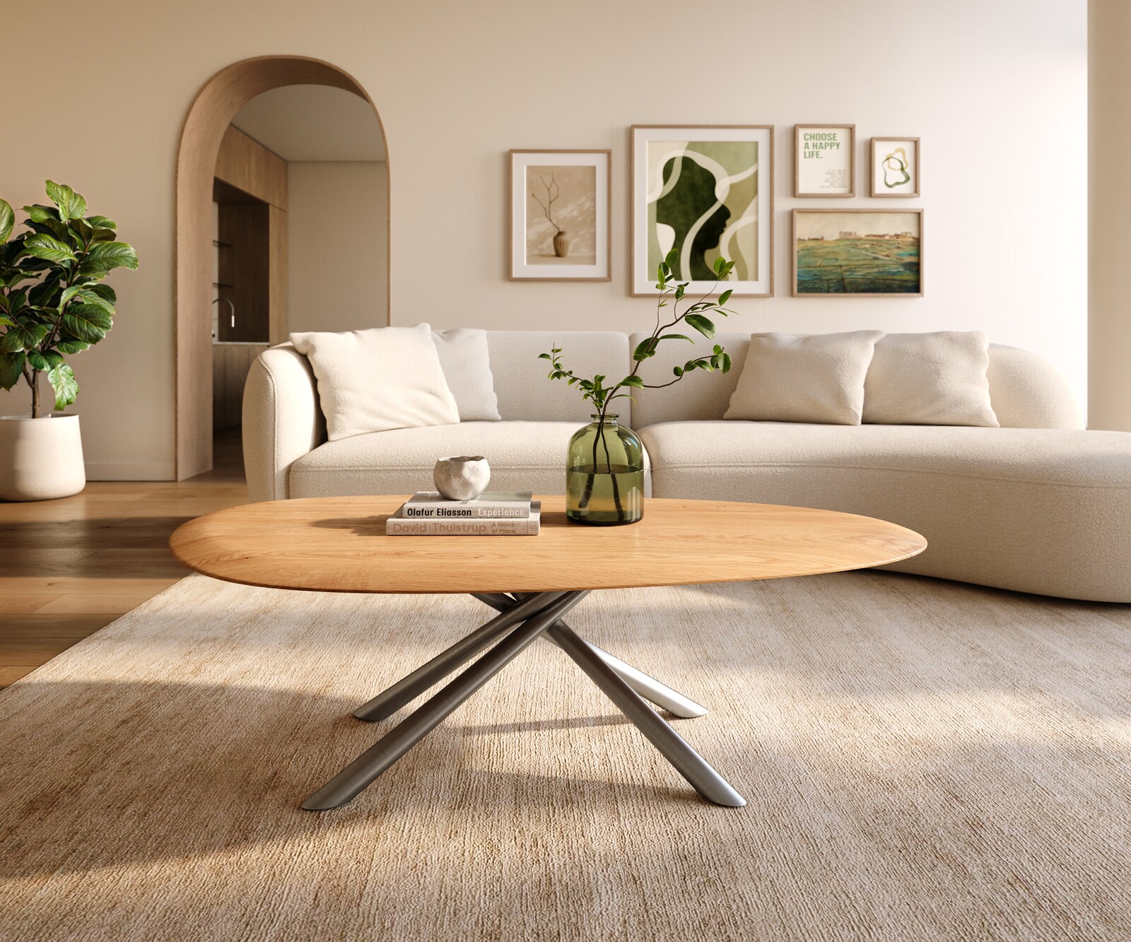 Salontafel Edge Oval 140x75 cm Eiken Naturel ronde rand Sarity geborsteld roestvrij staal 1