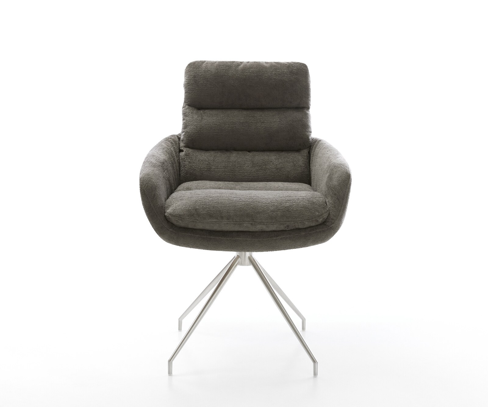 Eetkamerstoel Abelia-Flex met armleuning bouclé zacht mud kruisframe conisch roestvrij staal 2