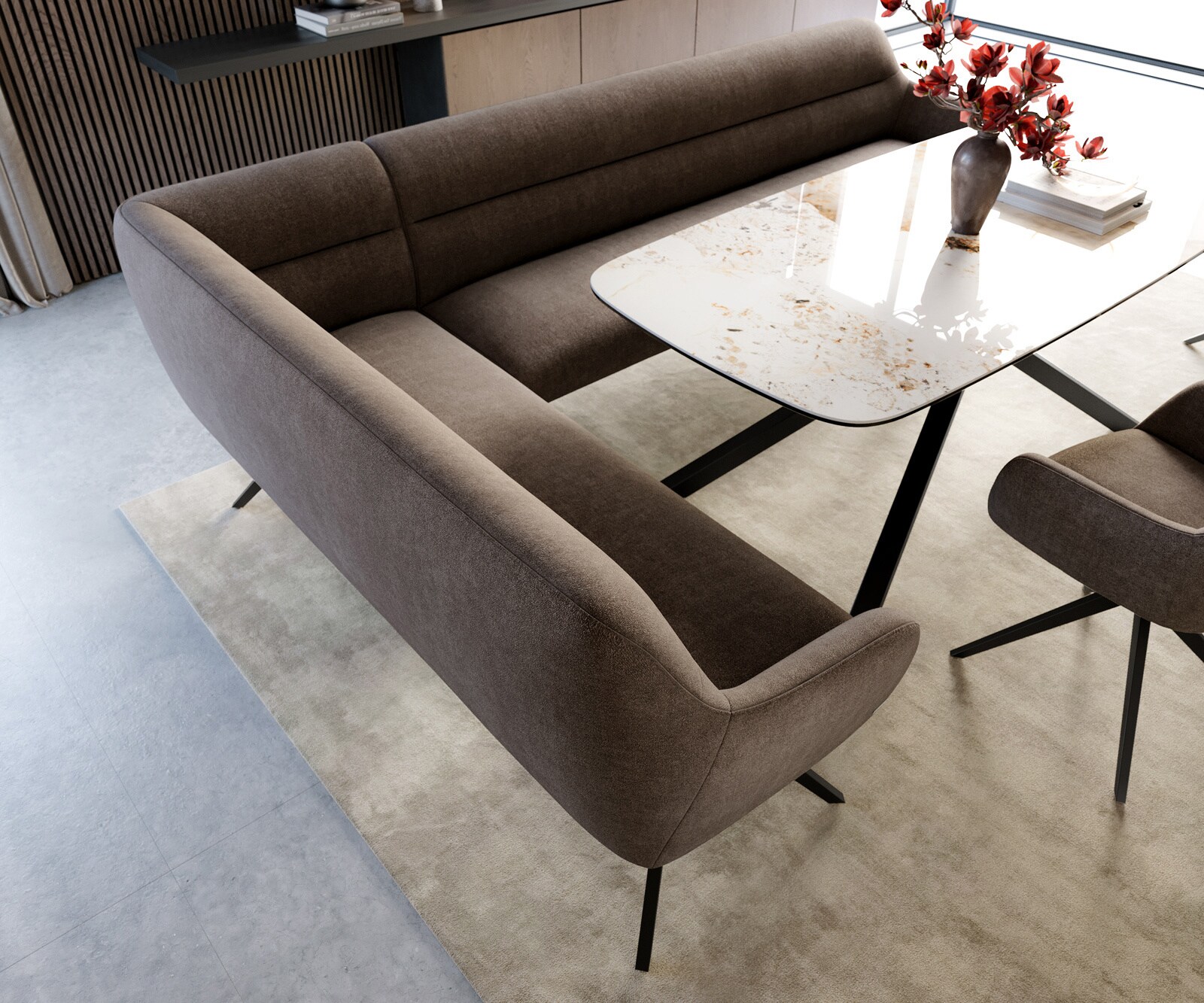 Eetkamerbank Taya-Flex 285x190 cm zachte stof met structuur taupe hoekig kruisframe zwart pocketvering rechts 3