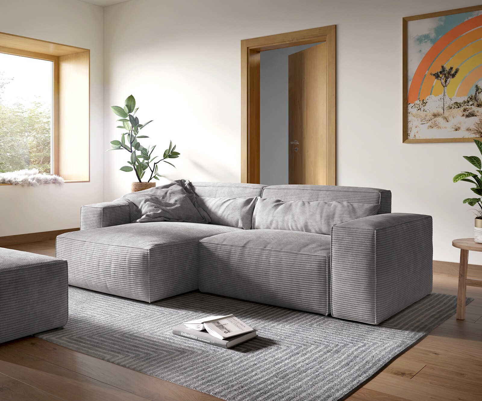 Hoekbank Sirpio XL 270x170 cm koord zilvergrijs recamiere variabel met kruk