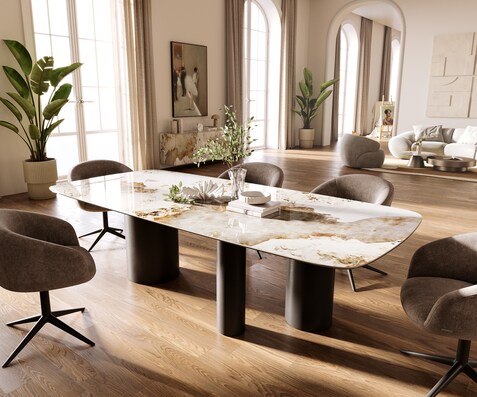 Eettafel Edge Boot 260x120 cm Keramiek Minas Melange Wit-Beige Troa Metaal Zwart