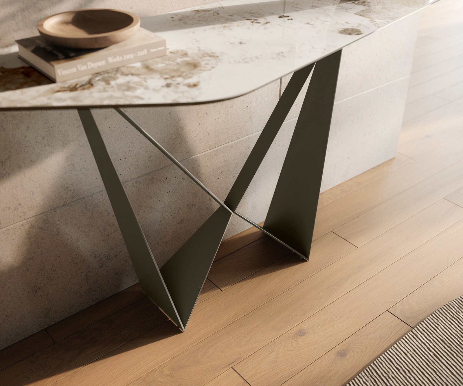 Consoletafel Edge Polygonaal 140x50 cm Keramiek Minas Melange Weiß-Beige Spios Metaal Effektfinish Titan 6