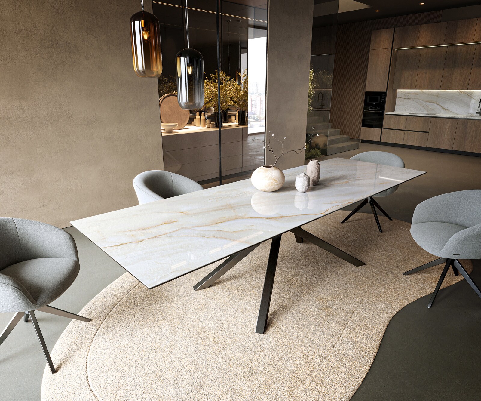 Eettafel Edge 300x100 cm keramiek Onyx Pearl kruisframe rechthoekig roestvrij staal grafiet