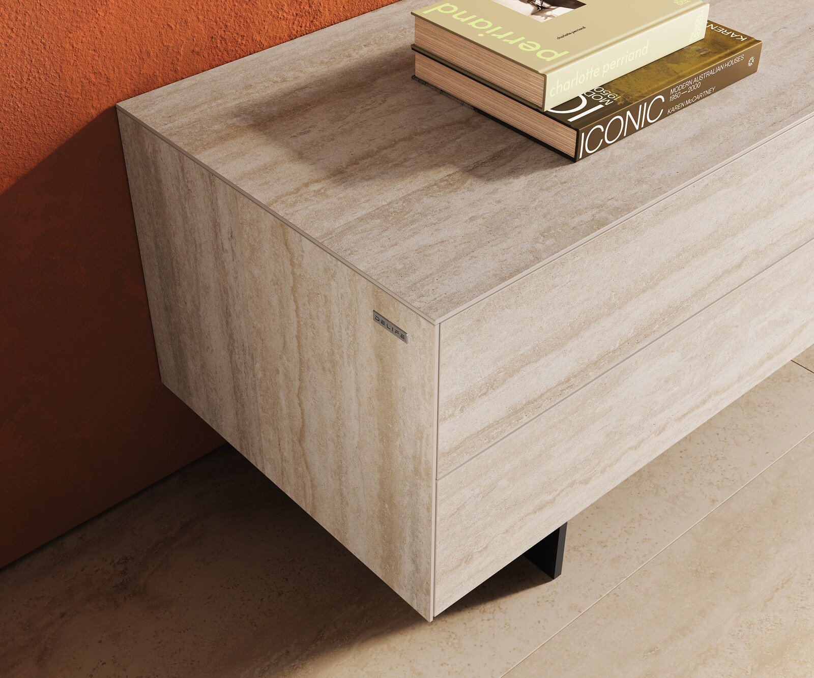 Tv-meubel Cuor 180 cm Keramiek Laminam® Travertino Bianco Crème-wit 1 Flap 2 Laden Zwevende voet look Metaal Zwart 6