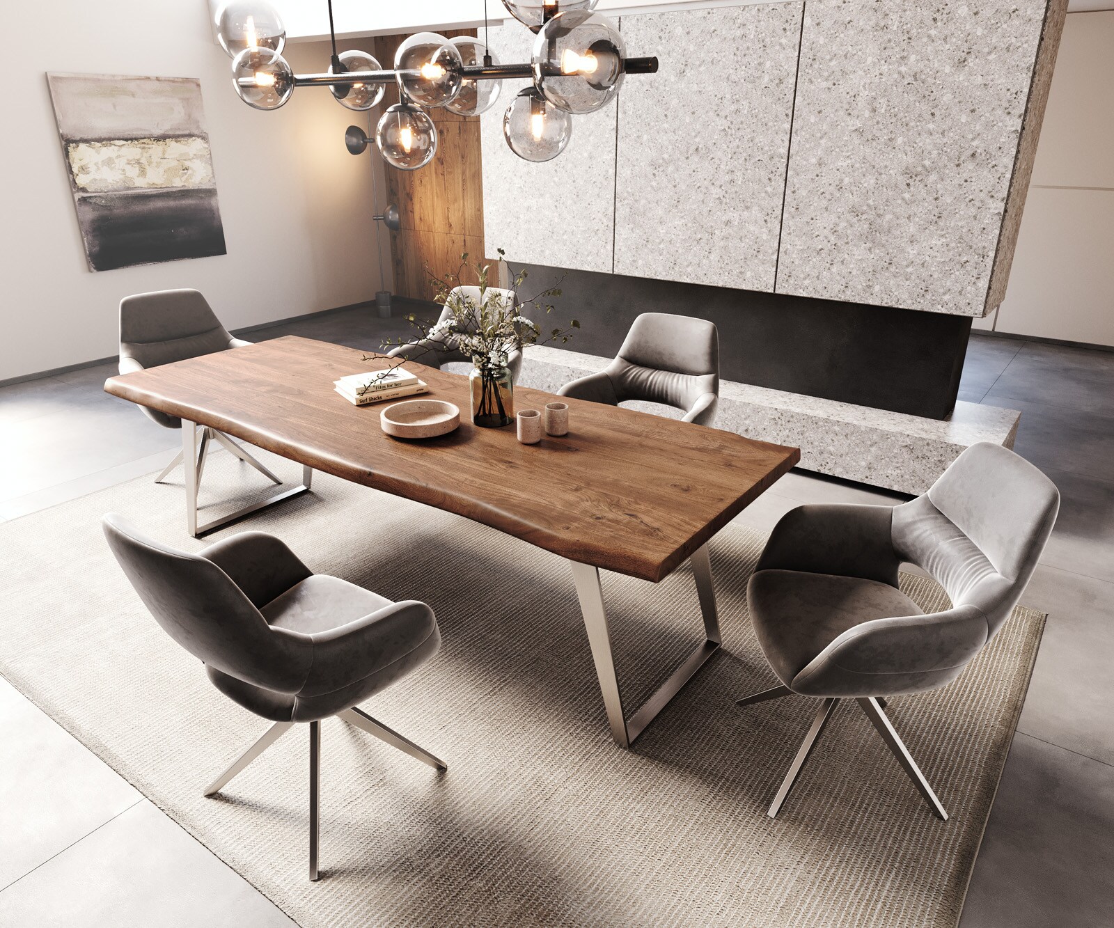 Eettafel Edge 260x100cm XL acacia bruin roestvrijstaal zilver schuin Live-Edge 6