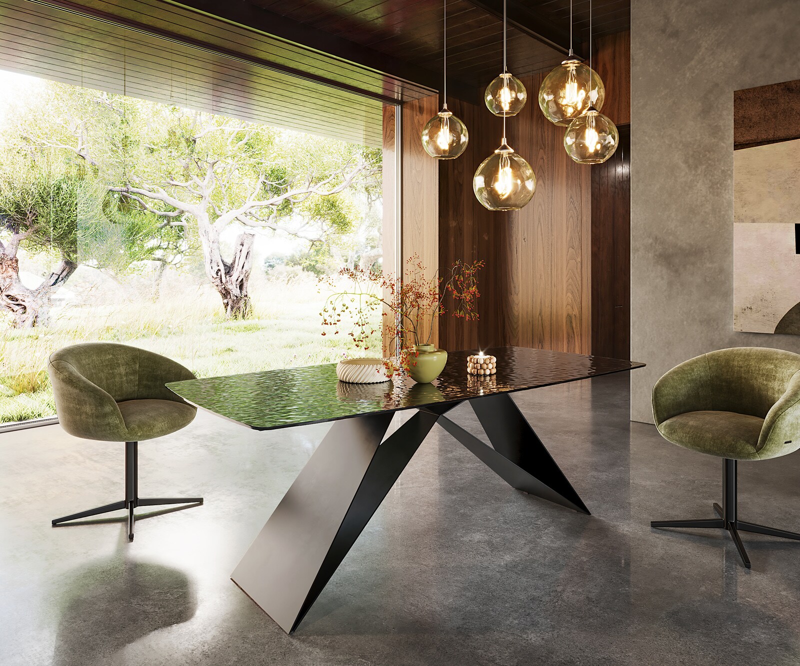 Eetkamertafel Edge Boot 200x100 Glas smelten rokerig zwart 3D-Relief V-frame vlak staal zwart 3
