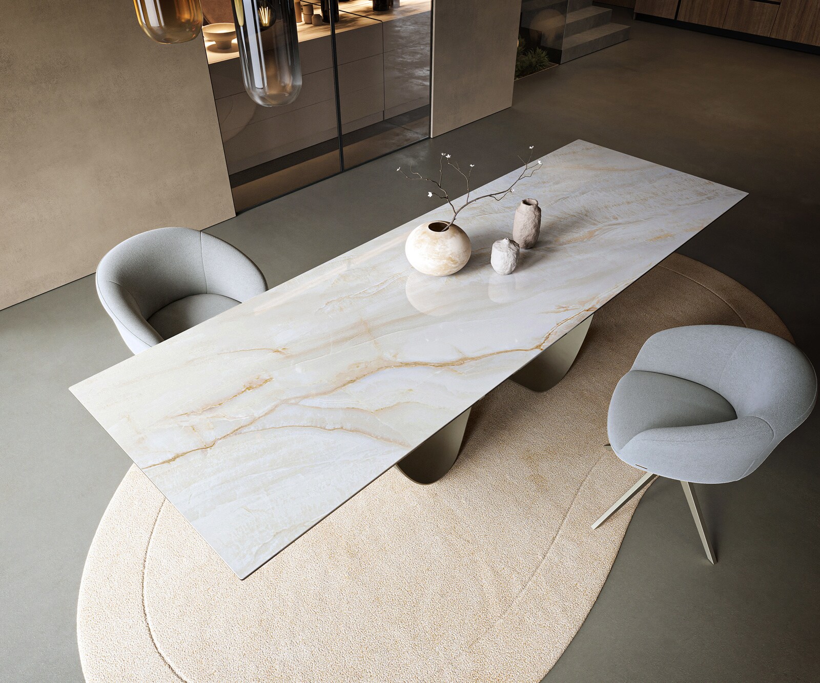 Eettafel Edge 300x100 cm keramiek Onyx Pearl Infinity metaal effectfinish titan 4