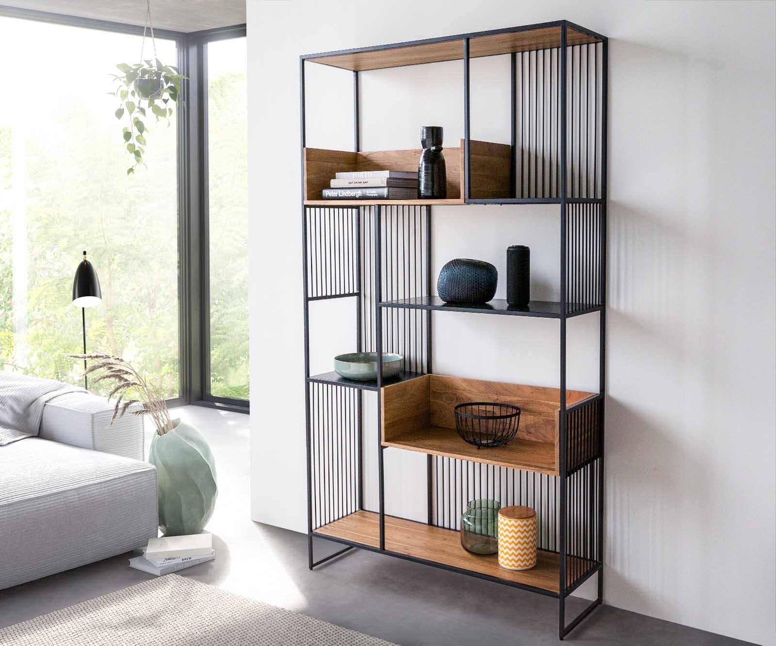 Boekenkast Lukeo 115x200 cm acacia natuur metaal zwart 1 Boekenkast Lukeo 115x200 cm acacia natuur metaal zwart 1