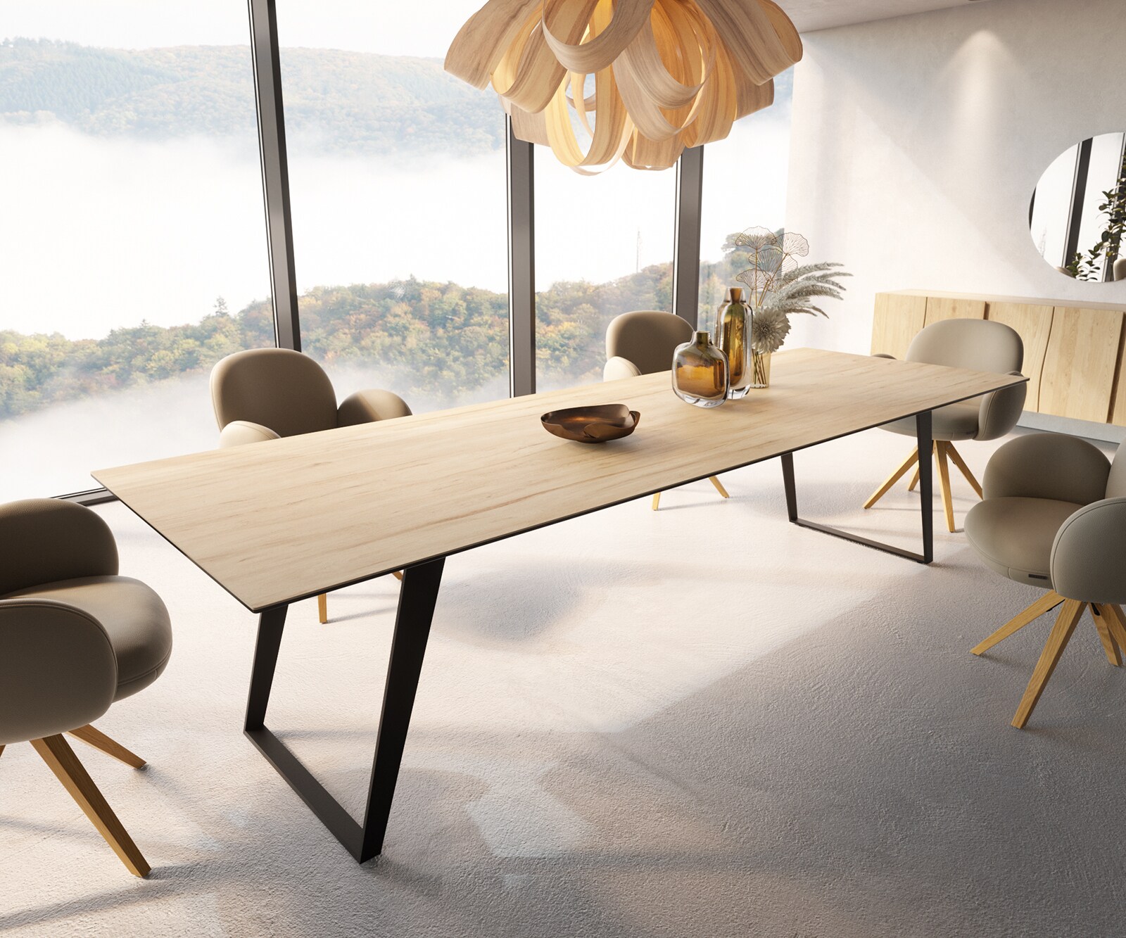 Eetkamertafel Edge 300x100 keramiek Laminam® Sabbia eiken kleur metaal schuin zwart