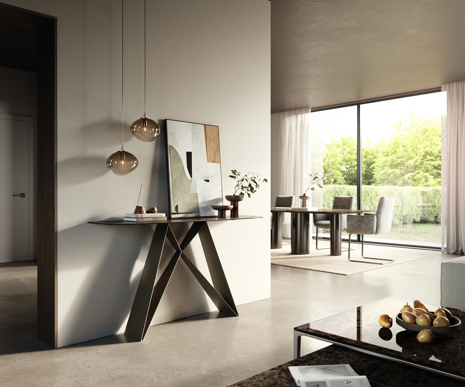 Consoletafel Edge Bootvorm 140x40 cm Keramiek Emperador Extra Lucidato Dunkelbraun Velio Metaal Effektfinish Titan 6