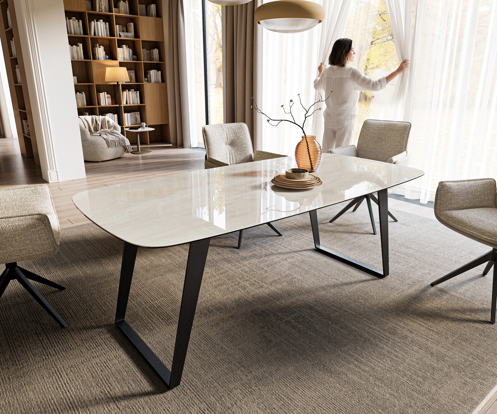 Eettafel Edge boot 200x100 cm keramiek Onyx Champagne schuin onderstel metaal zwart 1