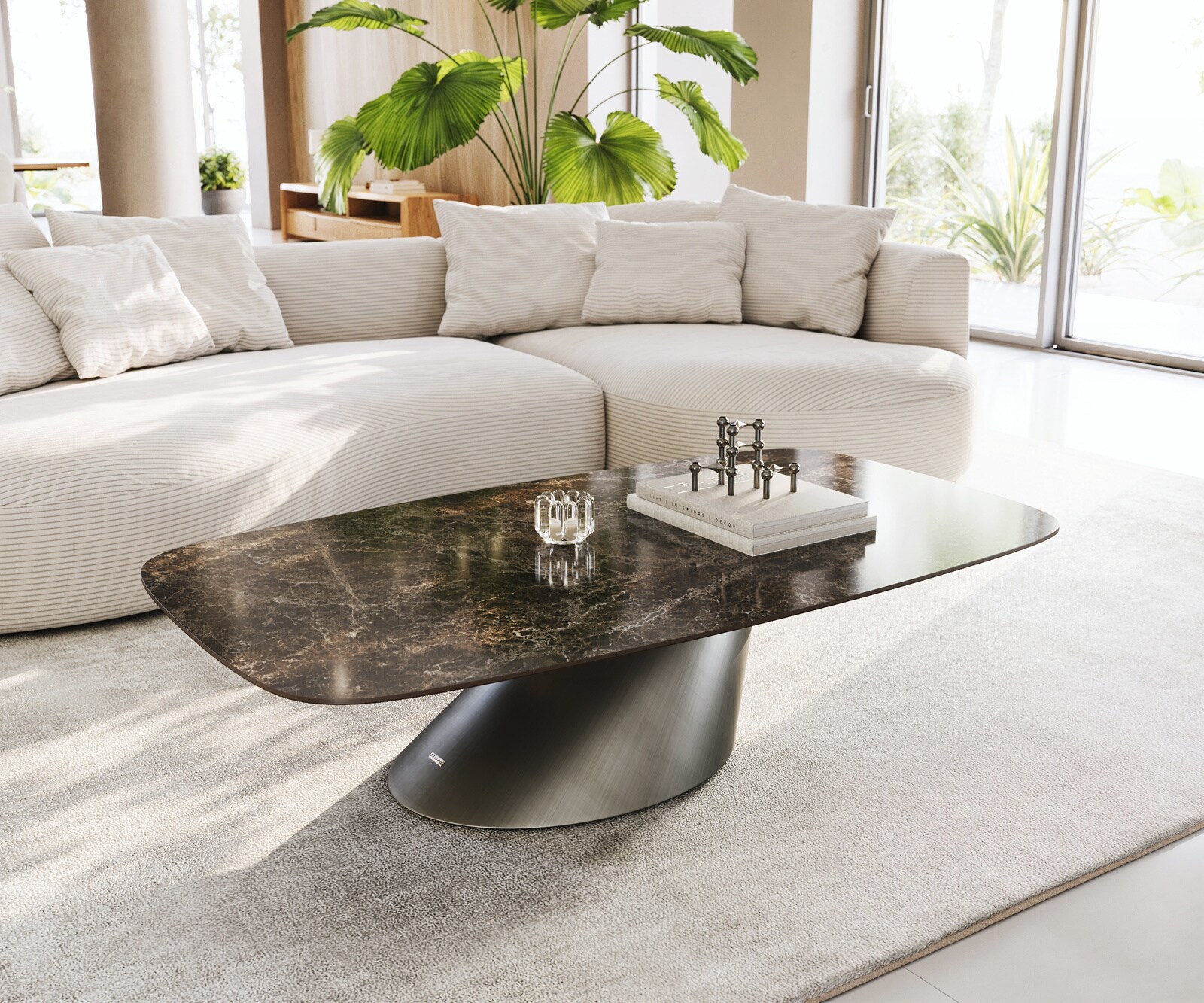 Salontafel Edge Boot 140x80 cm keramiek Laminam® Emperador Extra Lucidato donkerbruin Conis metallic zilver 1