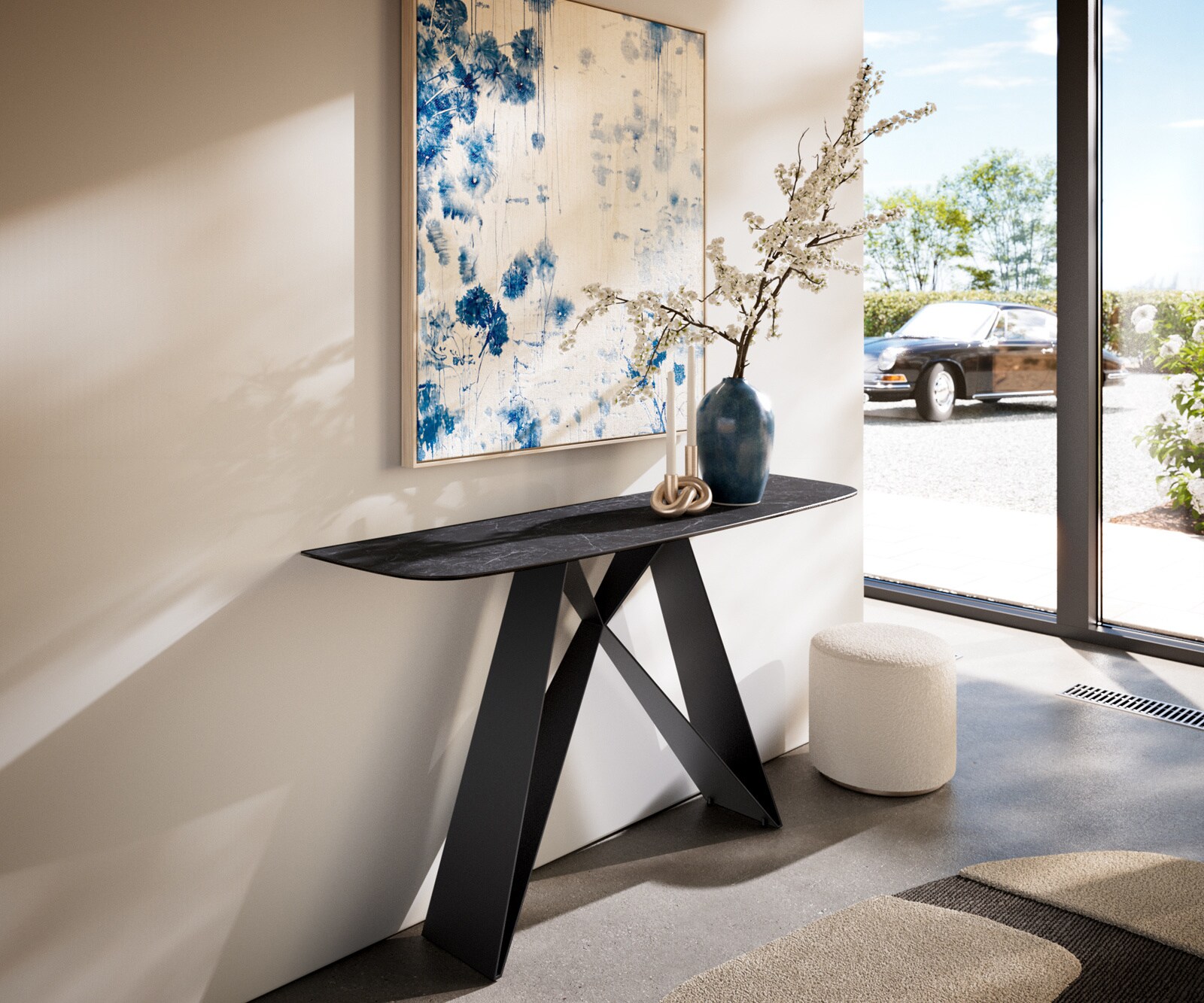 Consoletafel Edge Bootvorm 140x40 cm Keramiek Laminam® Nero Greco Anthrazit Velio Metaal Zwart 1