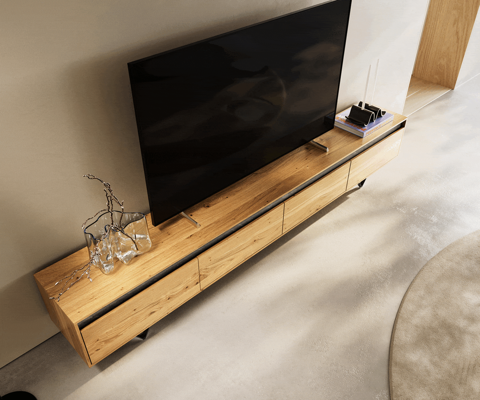 Tv-meubel Stonegrace 240 cm eiken natuur 4 deuren V-poot metaal zwart 4