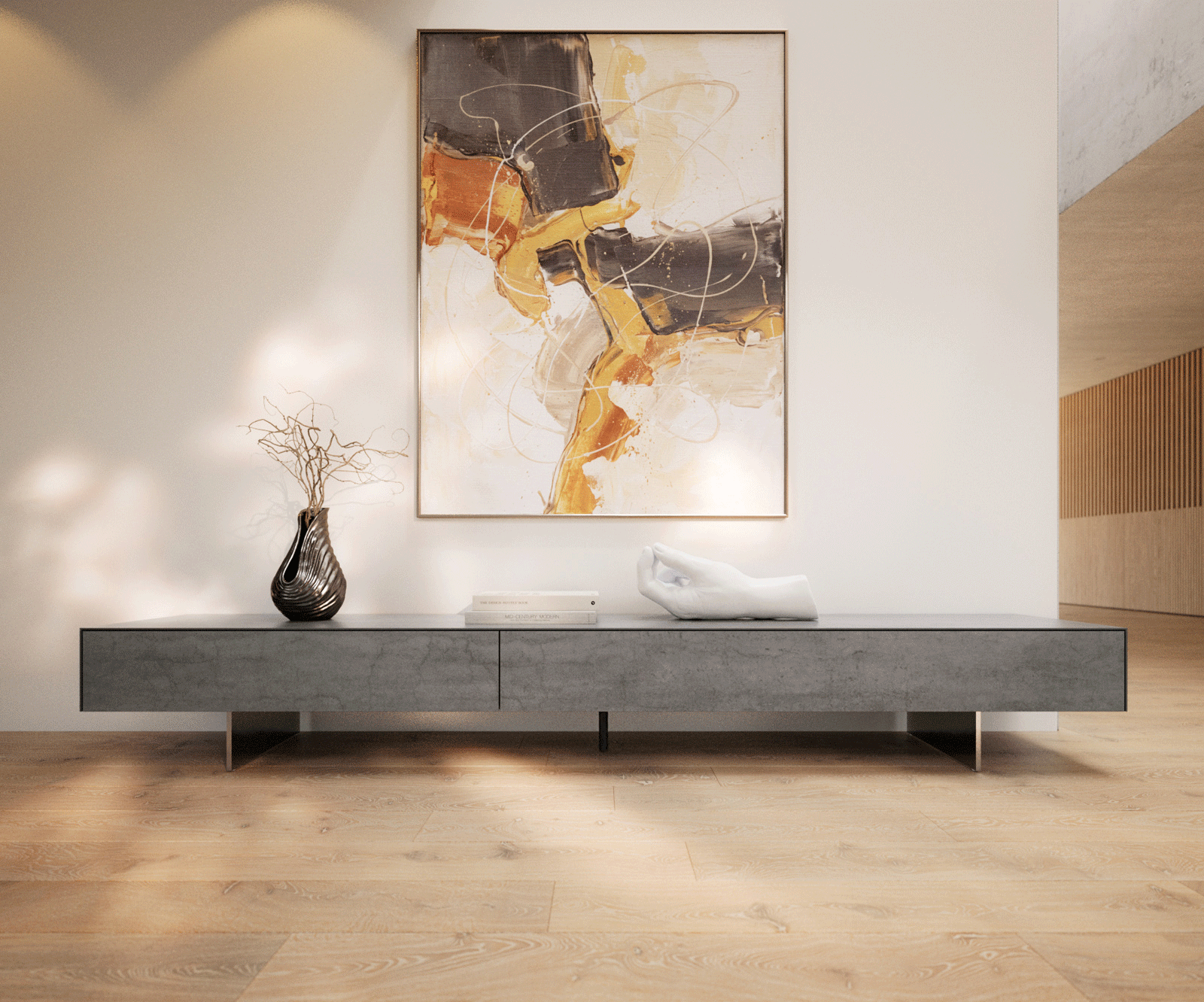 Tv-meubel Cuor 250 cm Keramiek Beton Grijs 1 Flap 1 Laden Zwevende voet look Roestvrij staal 2