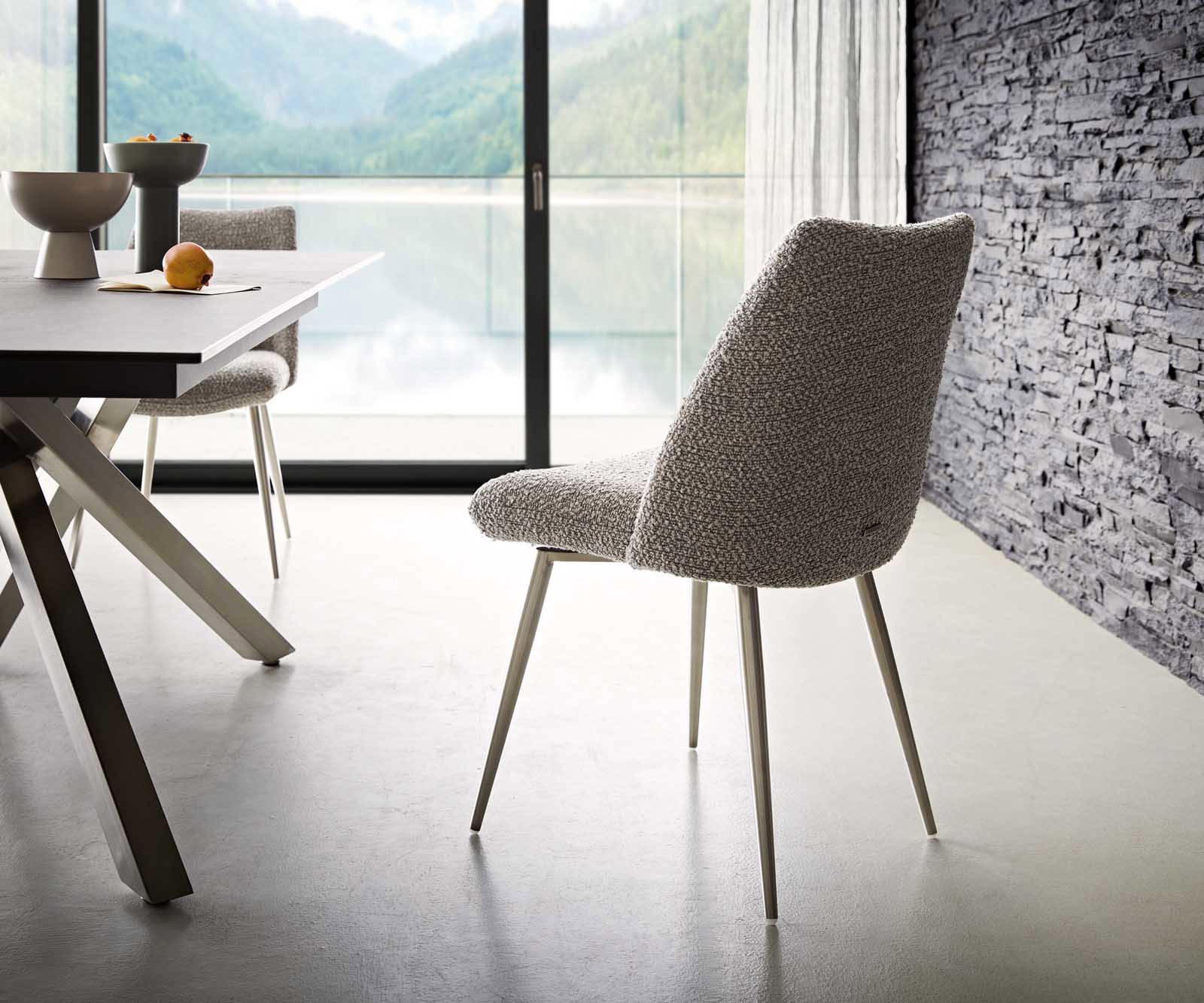 Eetkamerstoel Elso-Flex bouclé zilver grijs 4-poot conisch roestvrij staal pocketveer kern 4 Eetkamerstoel Elso-Flex bouclé zilver grijs 4-poot conisch roestvrij staal pocketveer kern 4