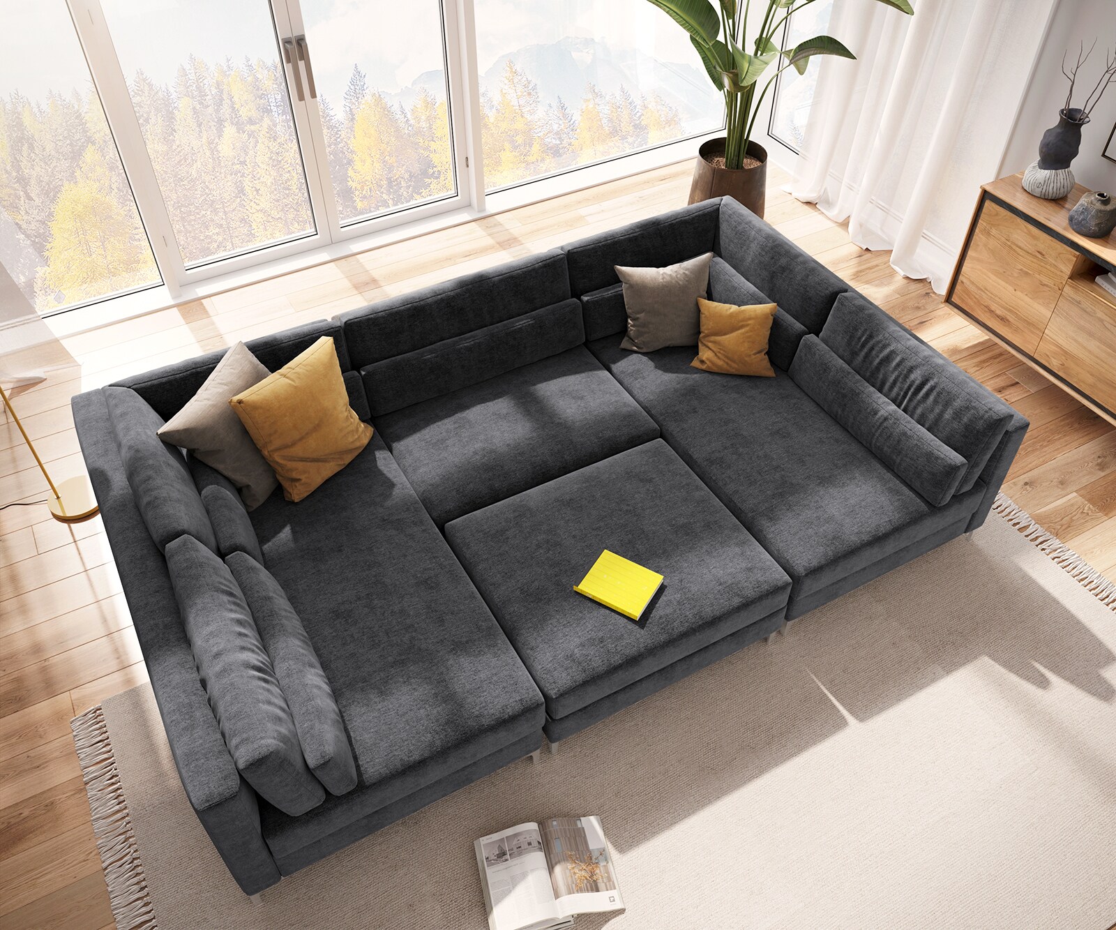 Woonlandschap Elio 300x185 cm microvezel grafiet met poef 5